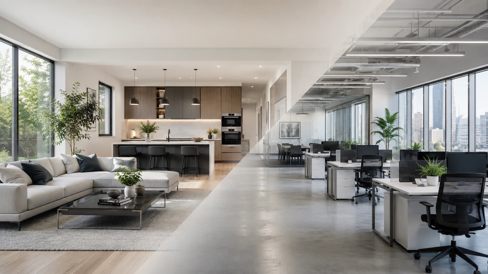 A clean, bright open-plan home on the left flowing into a clean modern office on the right