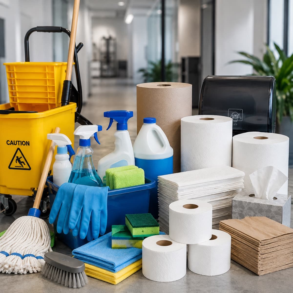 Janitorial supplies ready for delivery: paper towel and toilet tissue rolls, spray bottles, gloves, sponges, a mop and a wet floor sign