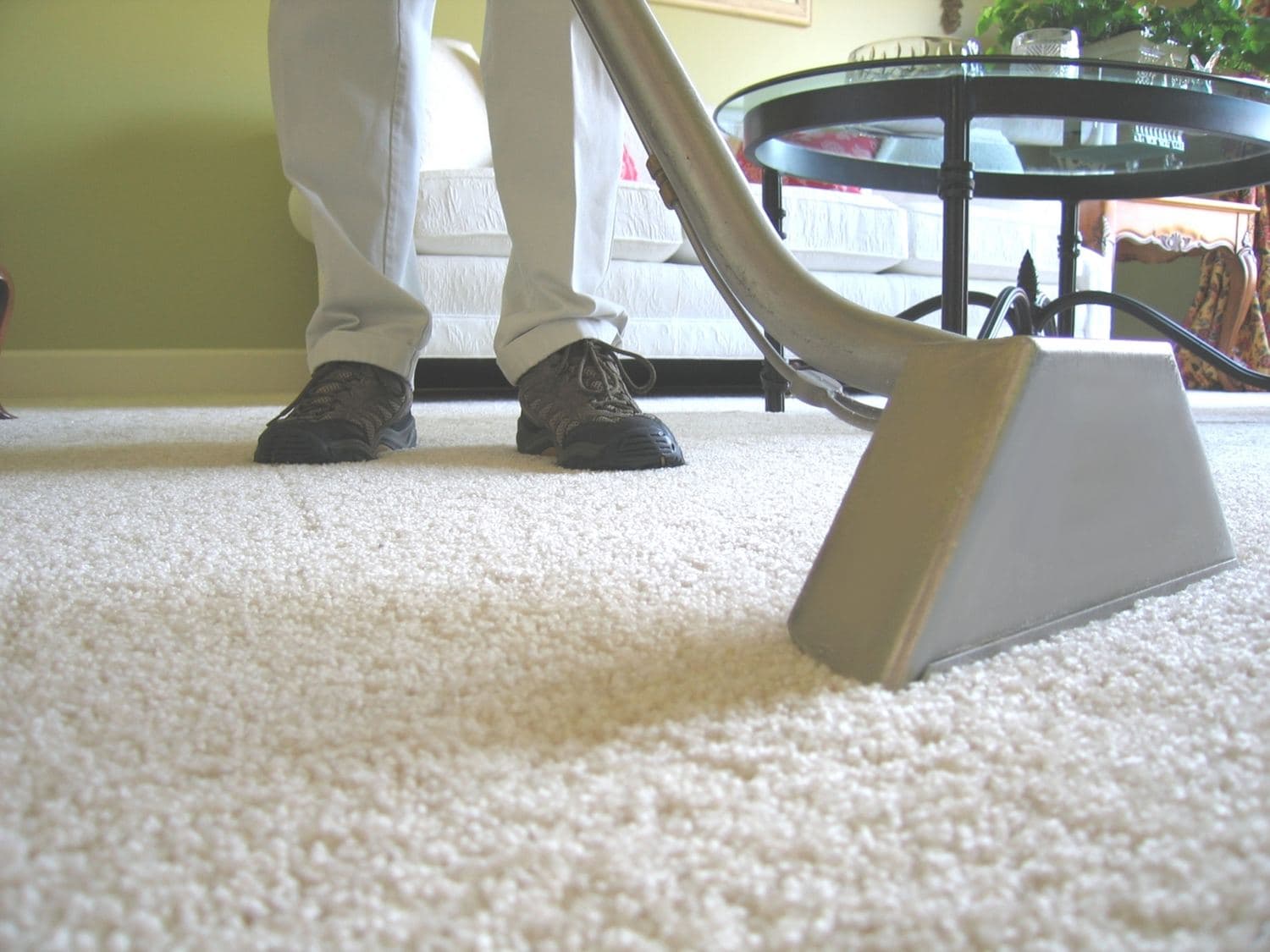 A Steinmetz technician running a hot water extraction wand across a light-colored carpet