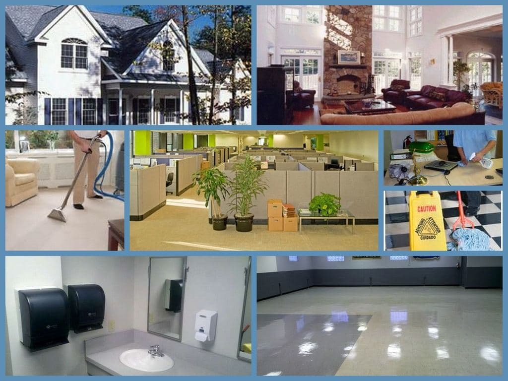 A collage of Steinmetz Cleaning Services jobs: homes, offices, restrooms, carpet extraction and finished floors