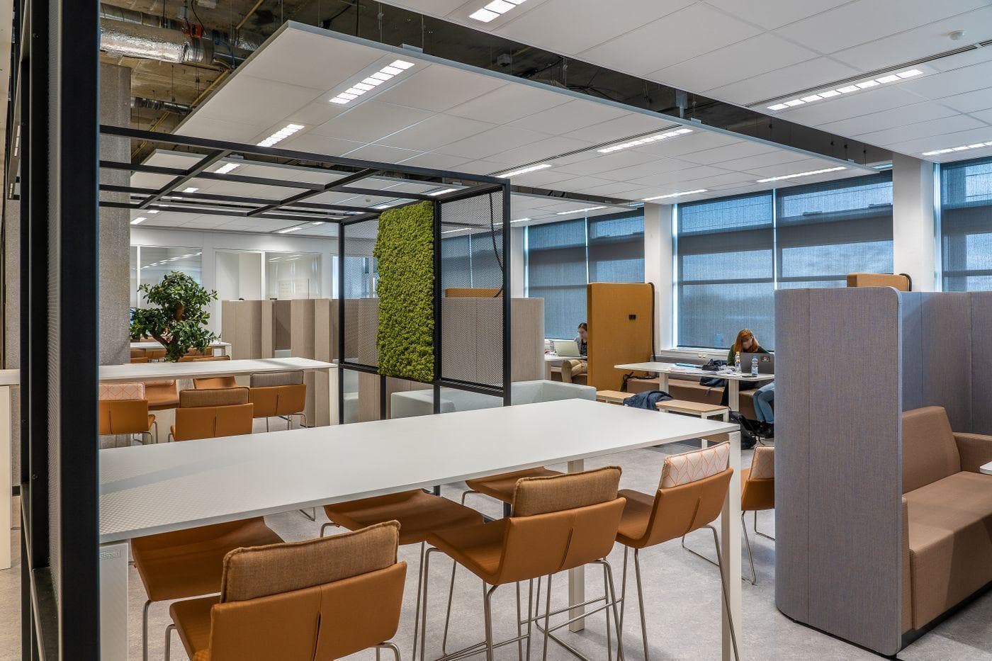 An open-plan office with clean tables, chairs and floors